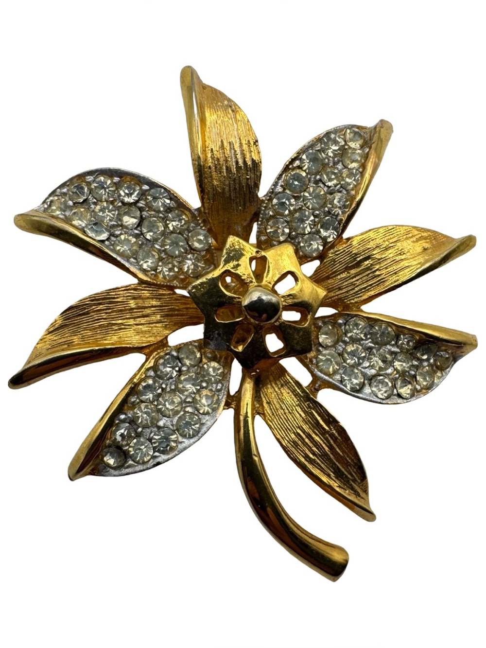 Vintage Coro Gold Tone Pave Rhinestone Lily Flower Brooch‎ Pin Signed MCM